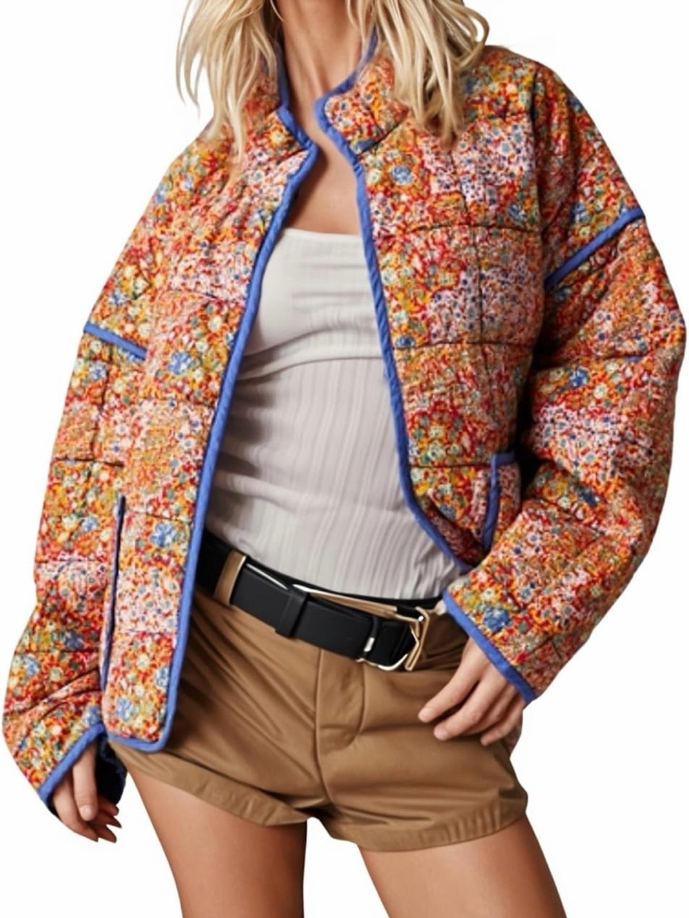 Quilted Floral Print Jacket with Blue Trim